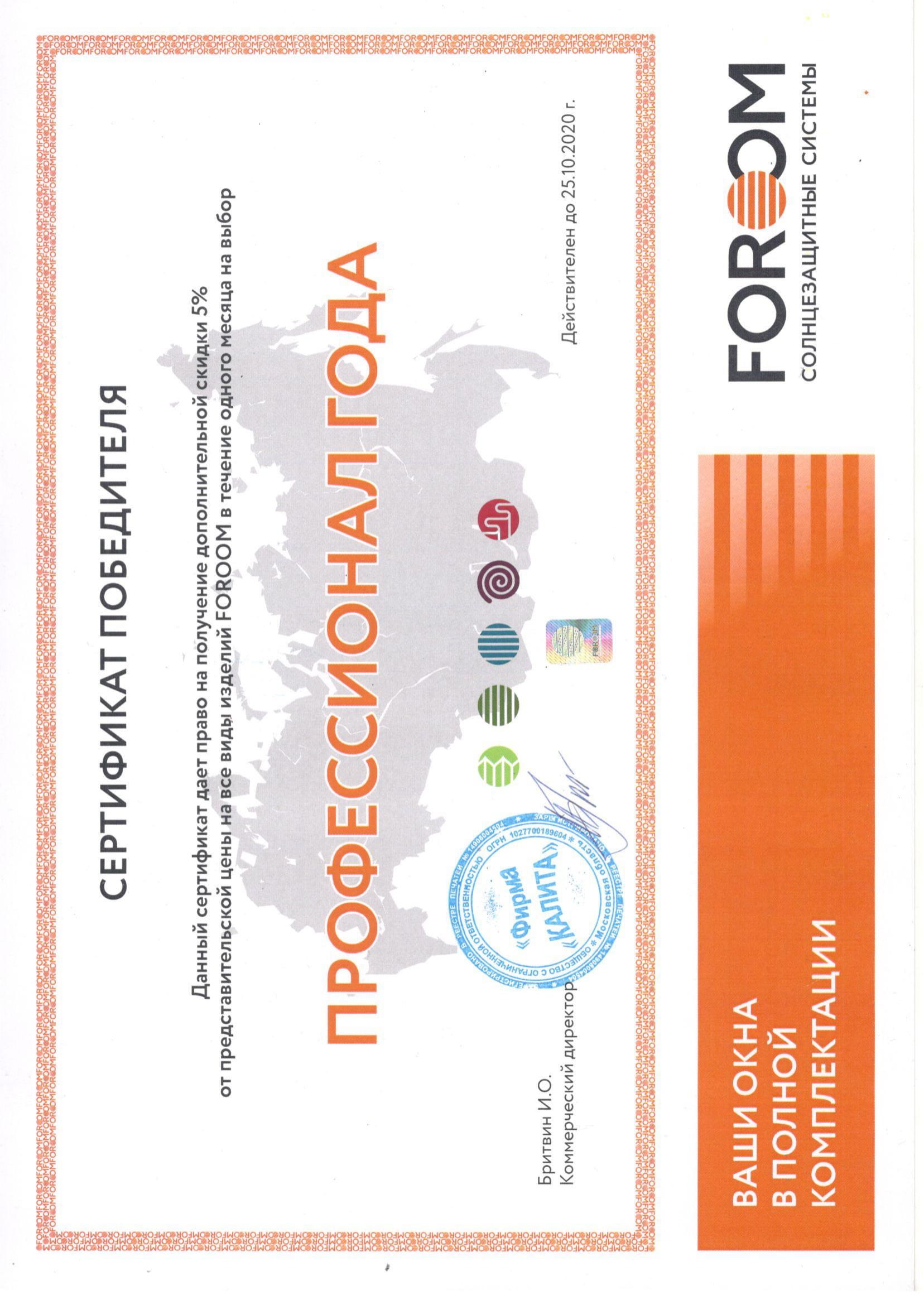 сертификат профессионал года